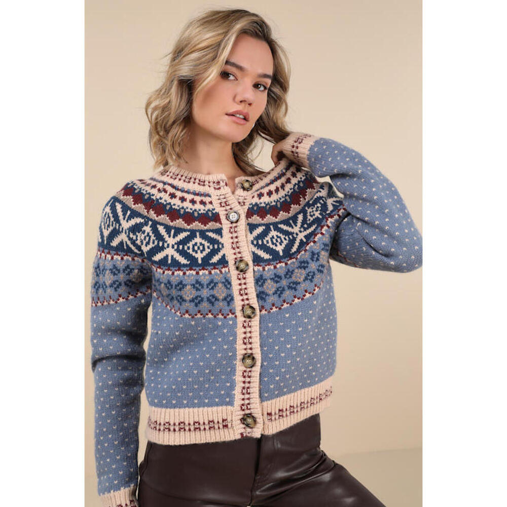 Lulus First Frost Blue Fair Isle Cardigan - Size L